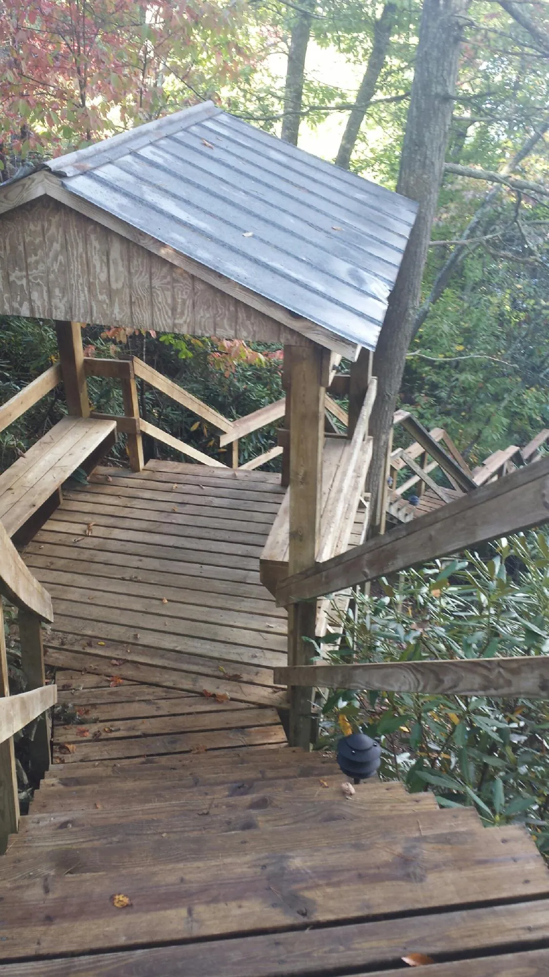Metal roofed shelter over wooden steps on a wooded walkway — Skylight Repair & Installation work by our crew in Randleman